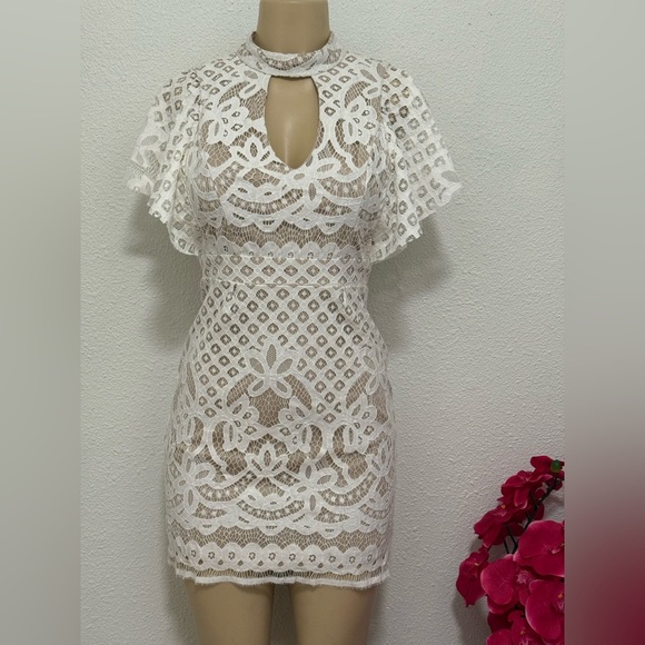 Crystal Doll White Sheath Mini Dress with Ruffled Cut Outs - Picture 3 of 10